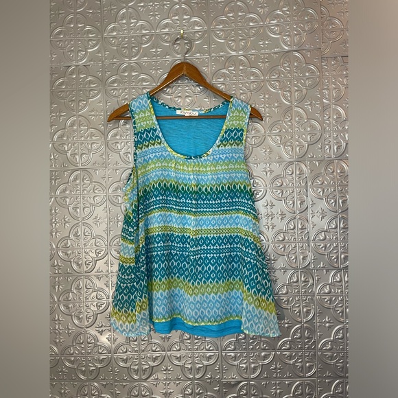 JOY JOY kat smocked ruffles blue sleeveless blouse top hippy bohemian vacation - Picture 1 of 3